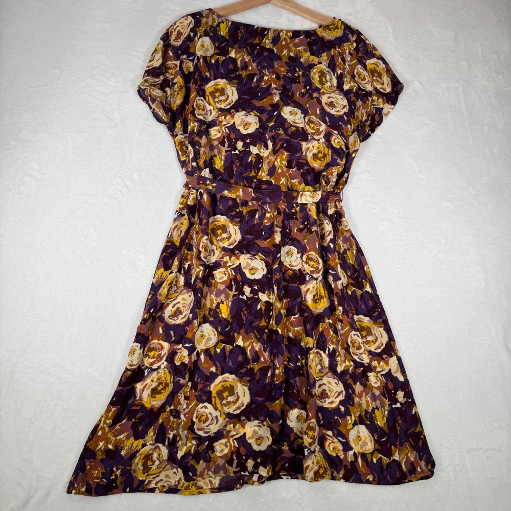 Lands End Floral Dress Wmns 10 Purple Ruffle Tie Waist Knee Length 422383A Boho - Picture 3 of 9